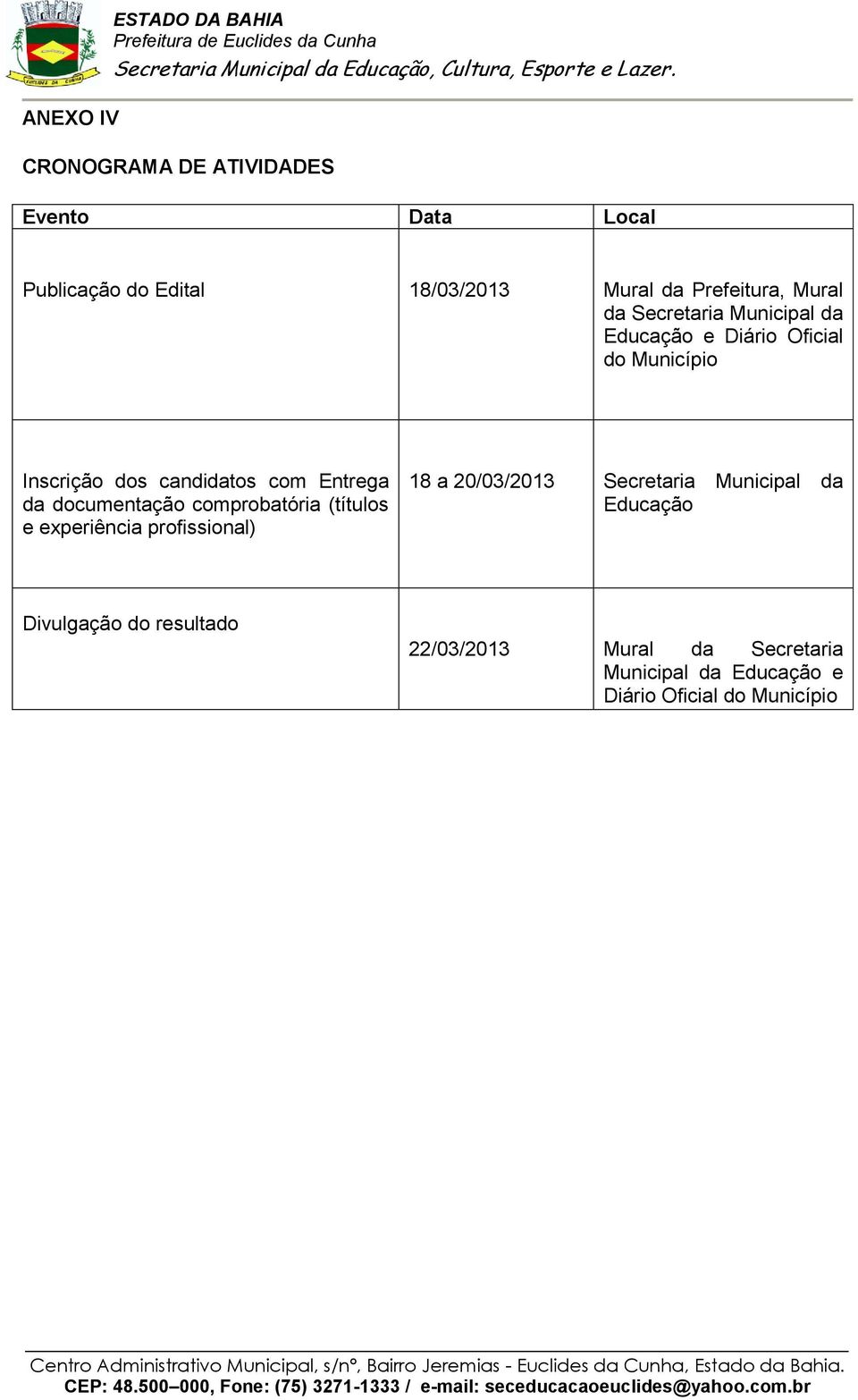 Entrega da documentação comprobatória (títulos e experiência profissional) 18 a 20/03/2013 Secretaria Municipal
