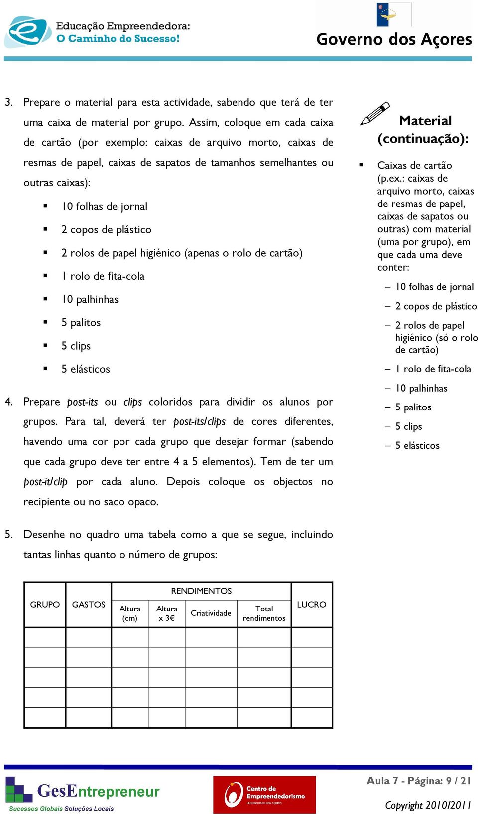 plástico 2 rolos de papel higiénico (apenas o rolo de cartão) 1 rolo de fita-cola 10 palhinhas 5 palitos 5 clips 5 elásticos 4. Prepare post-its ou clips coloridos para dividir os alunos por grupos.