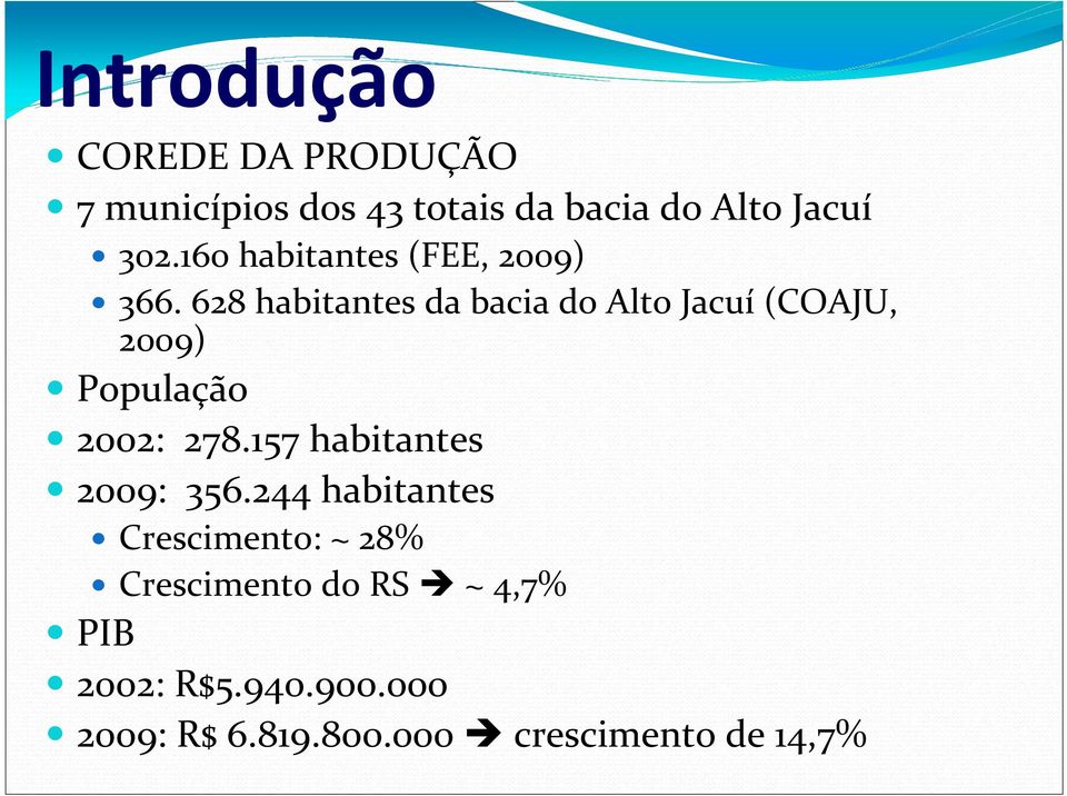628 habitantes da bacia do Alto Jacuí (COAJU, 2009) População 2002: 278.