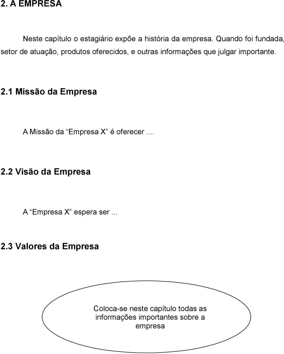 importante. 2.1 Missão da Empresa A Missão da Empresa X é oferecer... 2.2 Visão da Empresa A Empresa X espera ser.