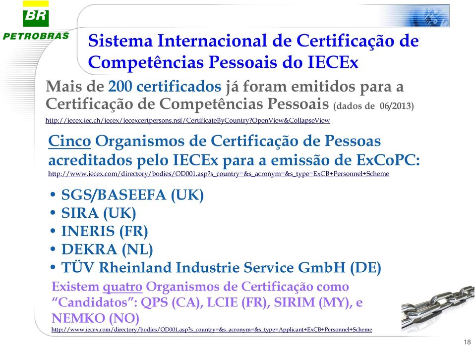 asp?s_country=&s_acronym=&s_type=excb+personnel+scheme SGS/BASEEFA (UK) SIRA (UK) INERIS (FR) DEKRA (NL) TÜV Rheinland Industrie Service GmbH (DE) Existem quatro Organismos de Certificação