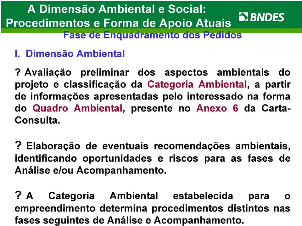 Avaliação preliminar dos aspectos ambientais do projeto e classificação da Categoria Ambiental, a partir de informações apresentadas pelo interessado na