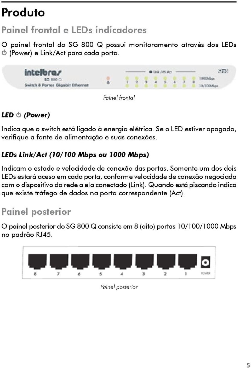LEDs Link/Act (10/100 Mbps ou 1000 Mbps) Indicam o estado e velocidade de conexão das portas.