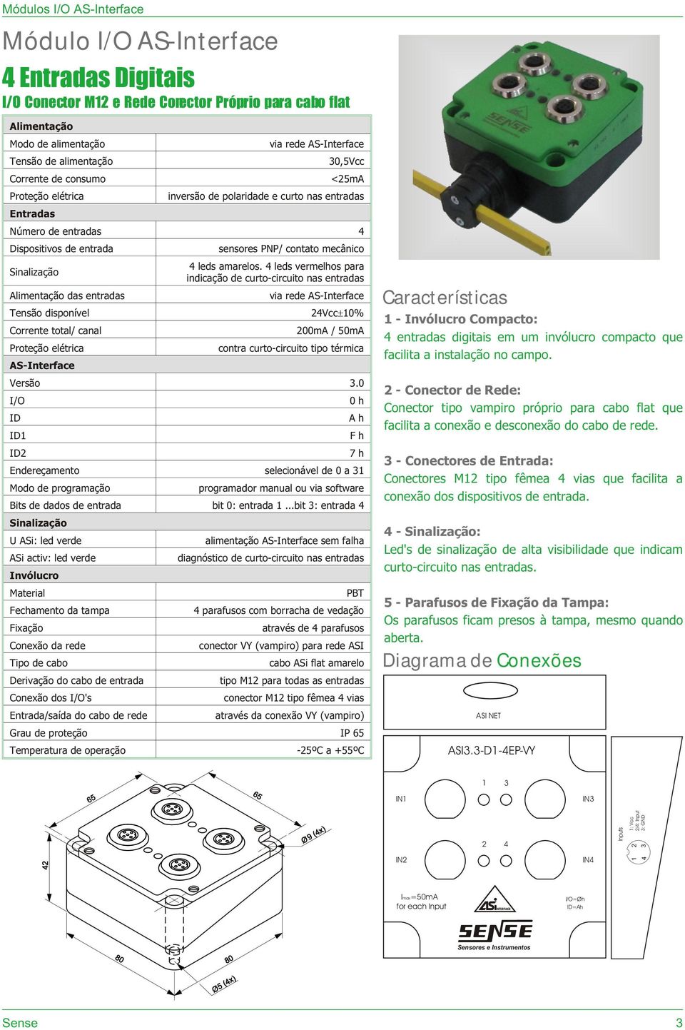 4 leds vermelhos para indicação de curto-circuito nas entradas 24Vcc 0% 200mA / 50mA contra curto-circuito tipo térmica ID ID ID2 0 h A h F h Bits de dados de entrada bit 0: entrada.