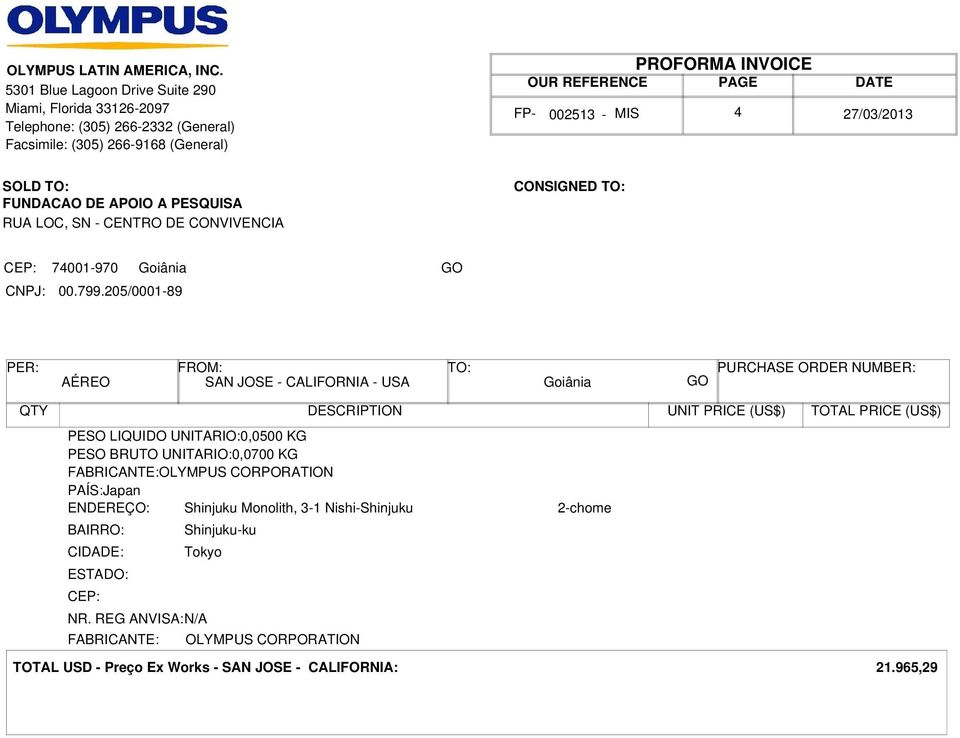 205/000189 SAN JOSE CALIFORNIA USA Goiânia PESO LIQUIDO