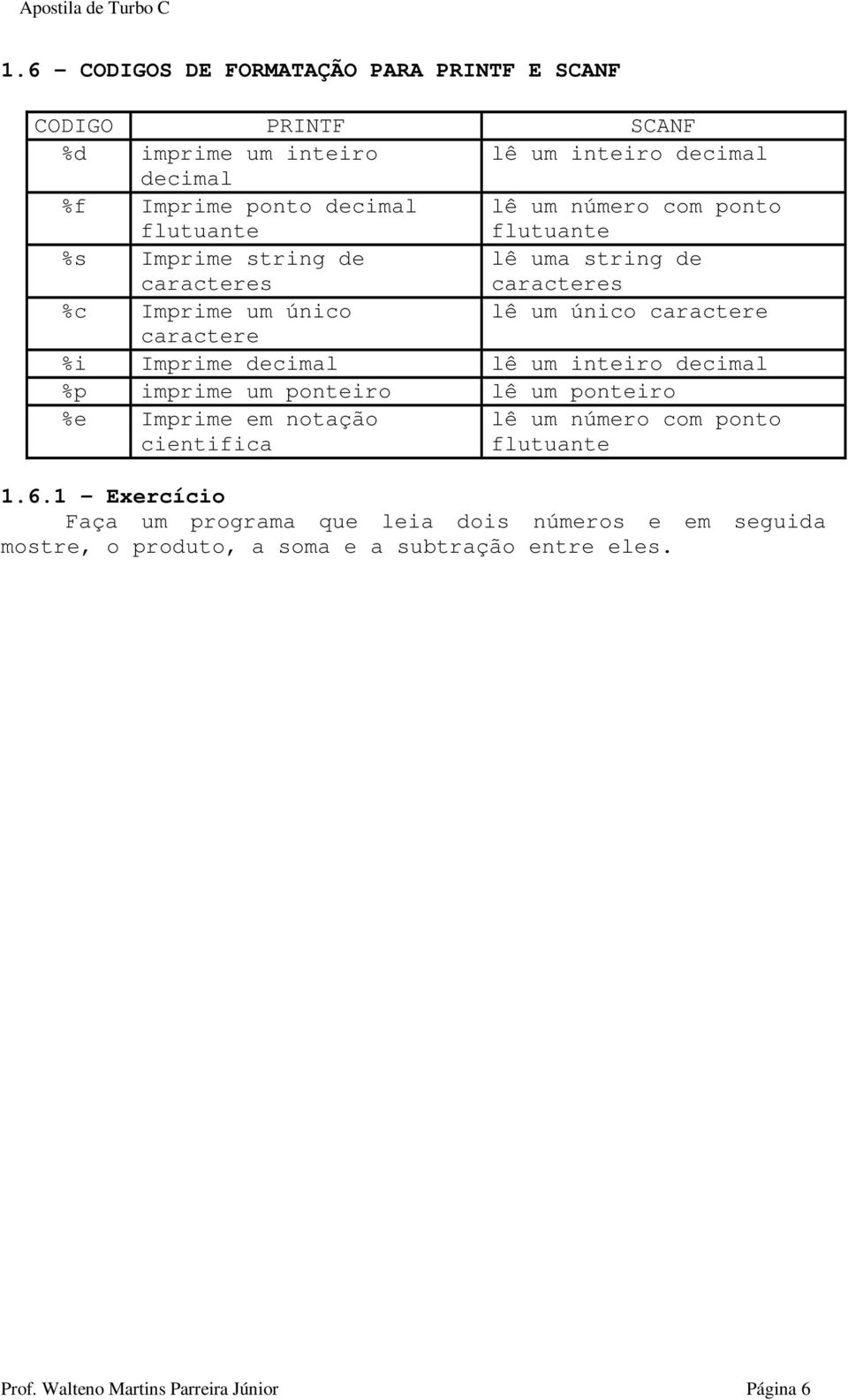 caractere %i Imprime decimal lê um inteiro decimal %p imprime um ponteiro lê um ponteiro %e Imprime em notação cientifica lê um número com ponto