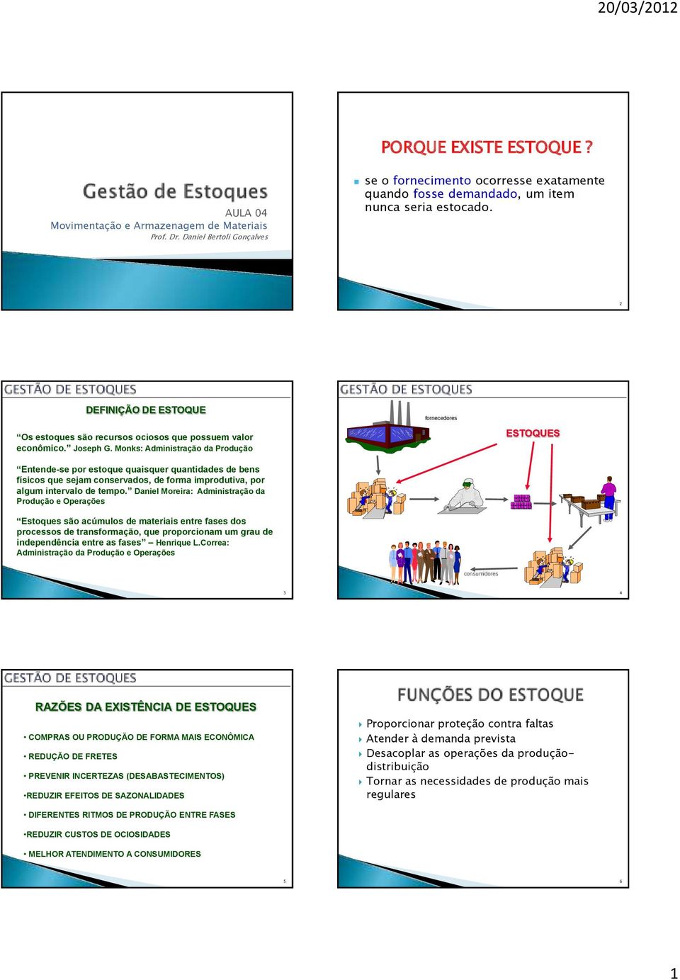 Monks: Administração da Produção Entende-se por estoque quaisquer quantidades de bens físicos que sejam conservados, de forma improdutiva, por algum intervalo de tempo.