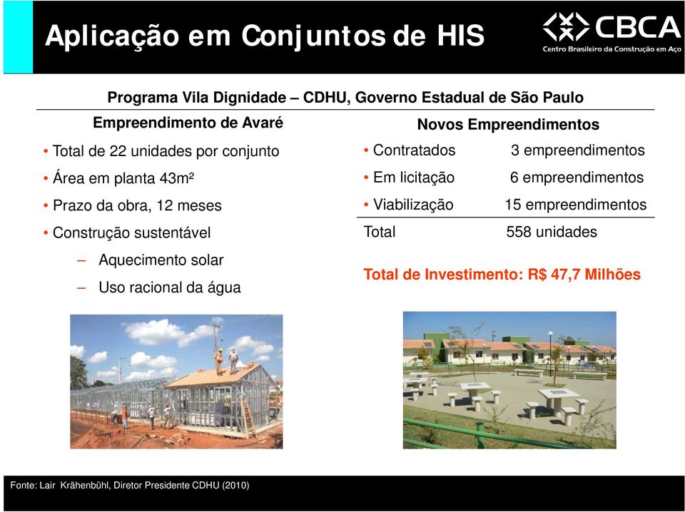 empreendimentos Prazo da obra, 12 meses Viabilização 15 empreendimentos Construção sustentável Total 558 unidades