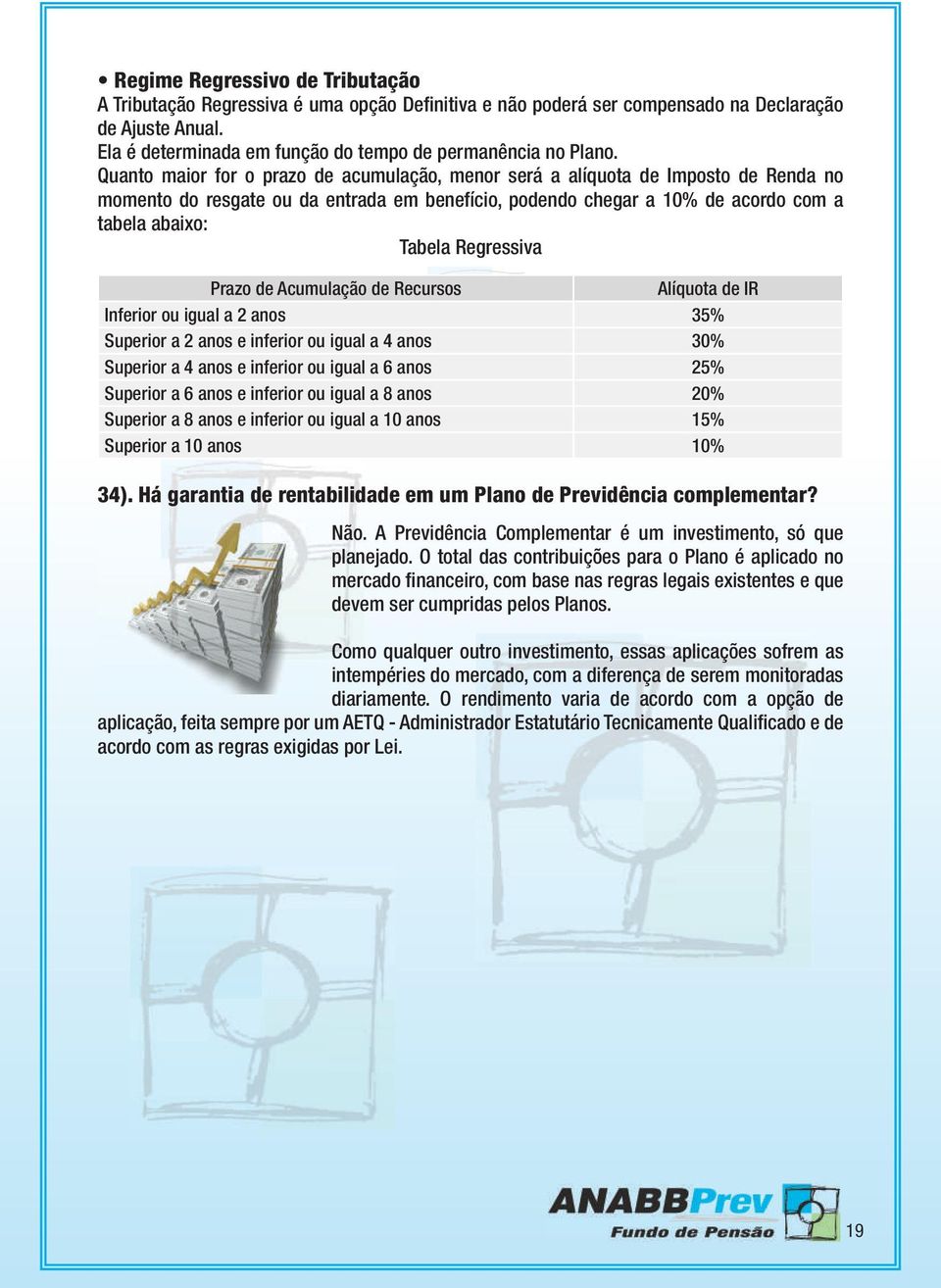 Regressiva Prazo de Acumulação de Recursos Alíquota de IR Inferior ou igual a 2 anos 35% Superior a 2 anos e inferior ou igual a 4 anos 30% Superior a 4 anos e inferior ou igual a 6 anos 25% Superior