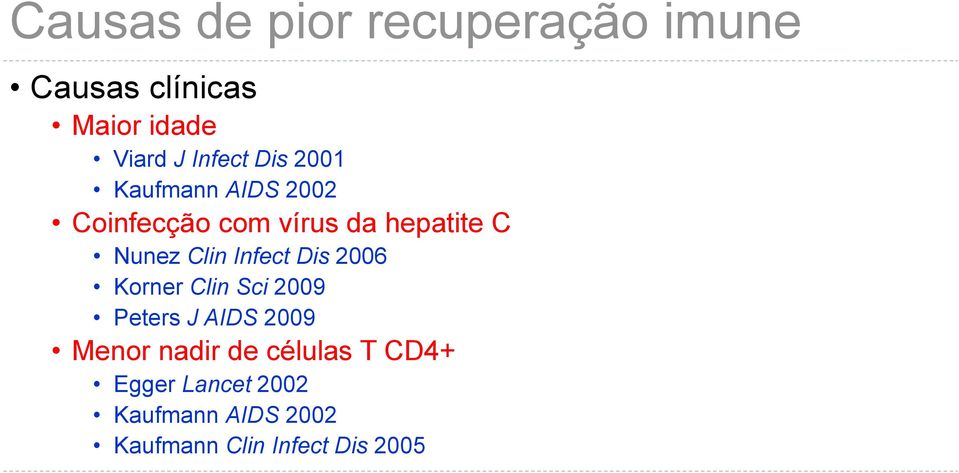 Infect Dis 2006 Korner Clin Sci 2009 Peters J AIDS 2009 Menor nadir de