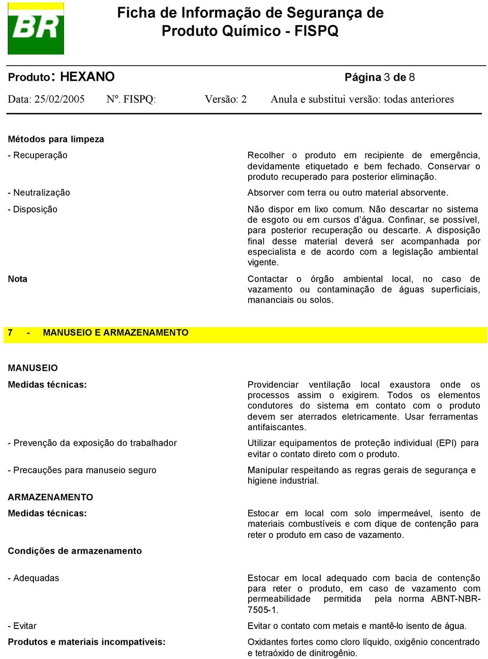 Não descartar no sistema de esgoto ou em cursos d água. Confinar, se possível, para posterior recuperação ou descarte.