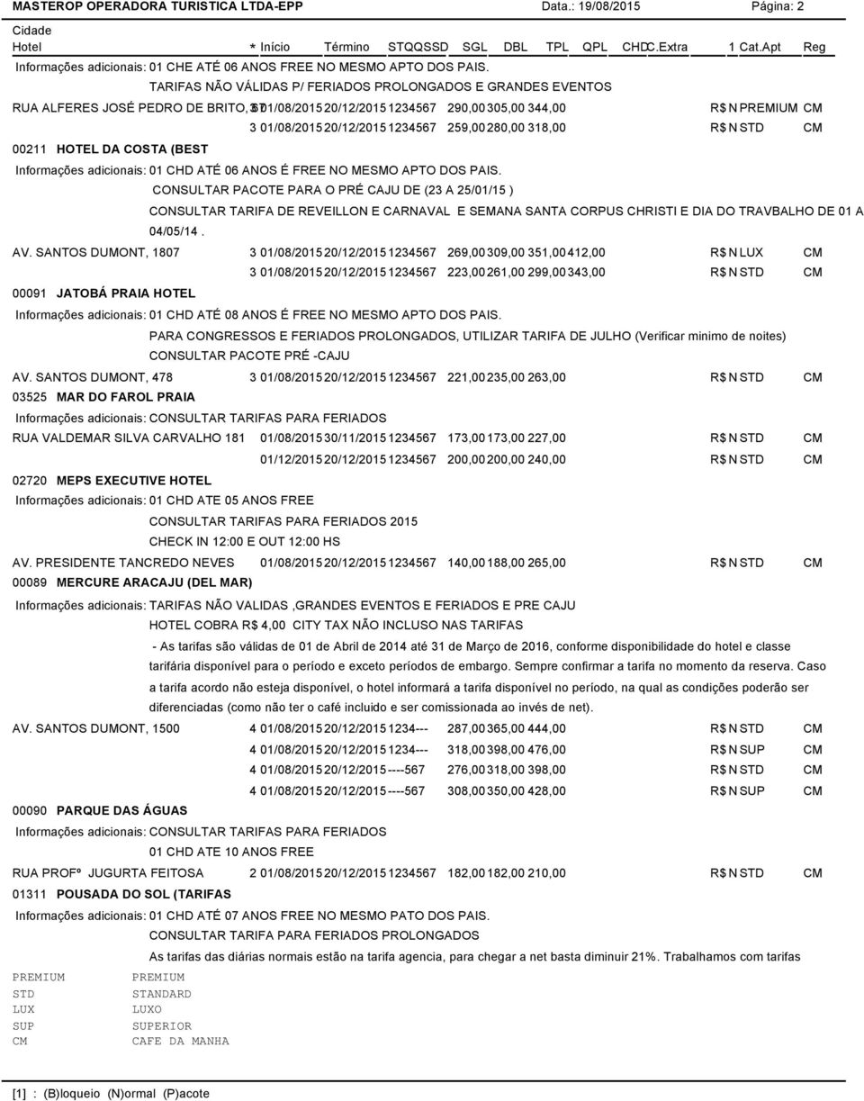 TARIFAS NÃO VÁLIDAS P/ FERIADOS PROLONGADOS E GRANDES EVENTOS RUA ALFERES JOSÉ PEDRO DE BRITO, 36701/08/201520/12/20151234567 290,00305,00 344,00 R$ NPREMIUM 3 01/08/201520/12/20151234567