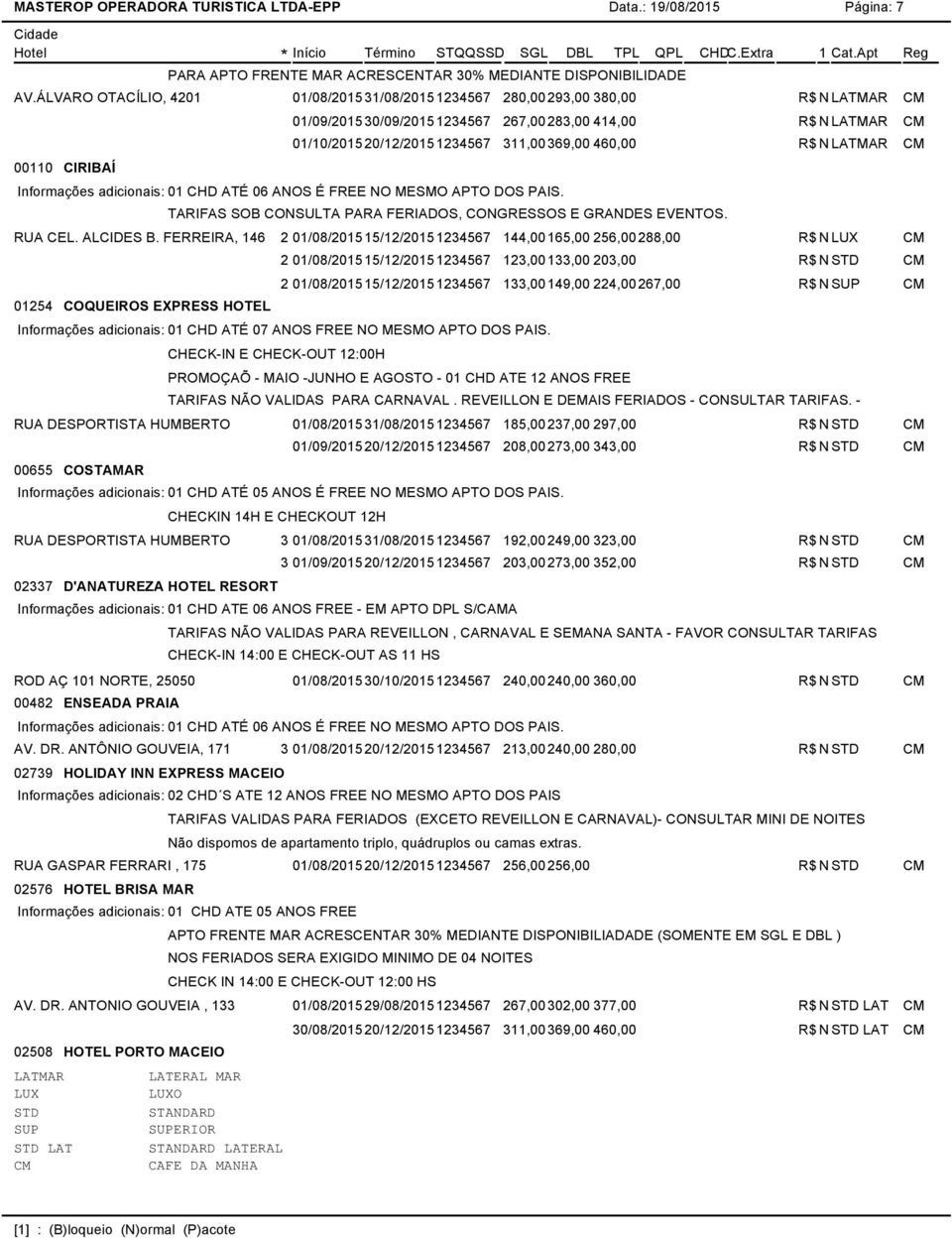 LATMAR 00110 CIRIBAÍ Informações adicionais: 01 CHD ATÉ 06 ANOS É FREE NO MESMO APTO DOS PAIS. TARIFAS SOB CONSULTA PARA FERIADOS, CONGRESSOS E GRANDES EVENTOS. RUA CEL. ALCIDES B.