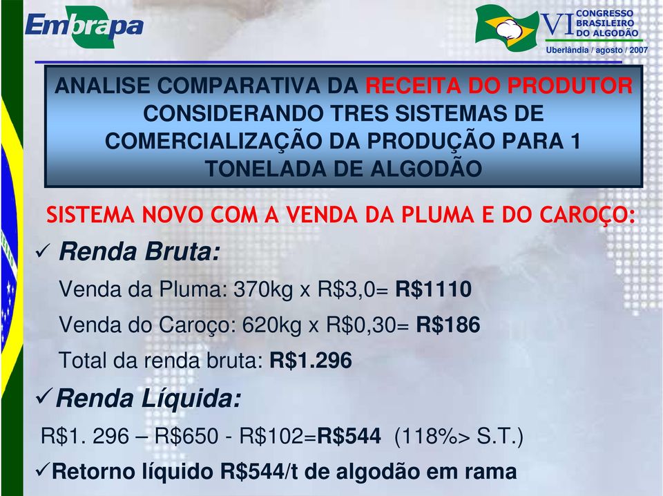 Venda da Pluma: 370kg x R$3,0= R$1110 Venda do Caroço: 620kg x R$0,30= R$186 Total da renda bruta: