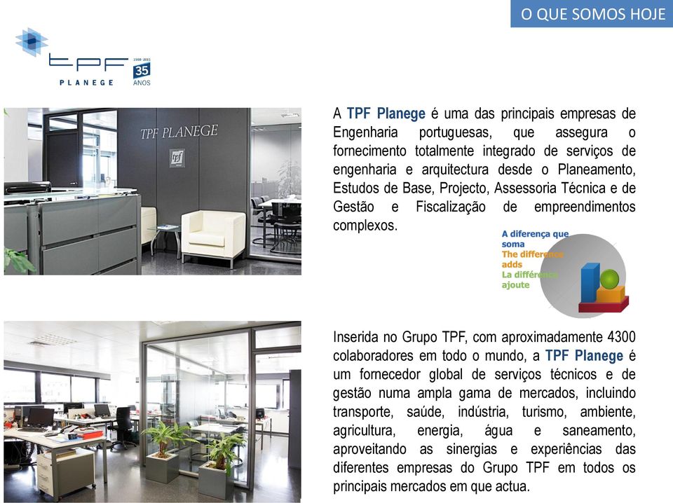 Inserida no Grupo TPF, com aproximadamente 4300 colaboradores em todo o mundo, a TPF Planege é um fornecedor global de serviços técnicos e de gestão numa ampla gama de