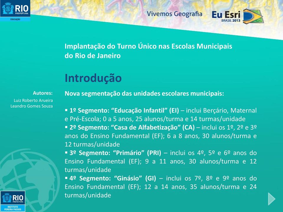 anos, 30 alunos/turma e 12 turmas/unidade 3º Segmento: Primário (PRI) inclui os 4º, 5º e 6º anos do Ensino Fundamental (EF); 9 a 11 anos, 30