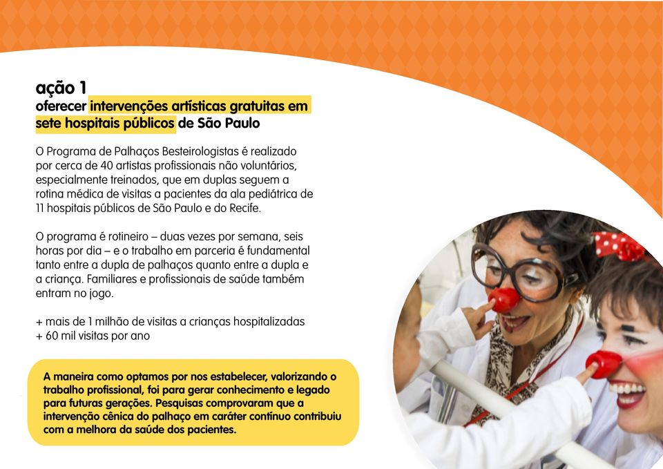 O programa é rotineiro duas vezes por semana, seis horas por dia e o trabalho em parceria é fundamental tanto entre a dupla de palhaços quanto entre a dupla e a criança.