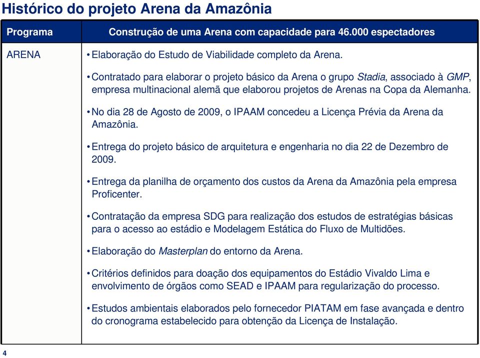 No dia 28 de Agosto de 2009, o IPAAM concedeu a Licença Prévia da Arena da Amazônia. Entrega do projeto básico de arquitetura e engenharia no dia 22 de Dezembro de 2009.