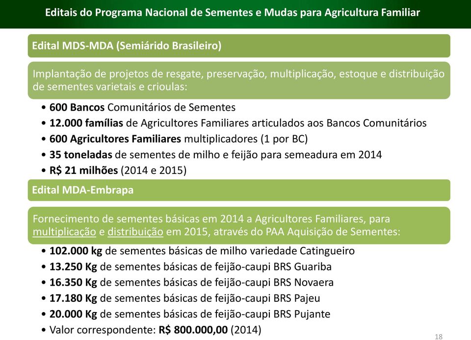 000 famílias de Agricultores Familiares articulados aos Bancos Comunitários 600 Agricultores Familiares multiplicadores (1 por BC) 35 toneladas de sementes de milho e feijão para semeadura em 2014 R$