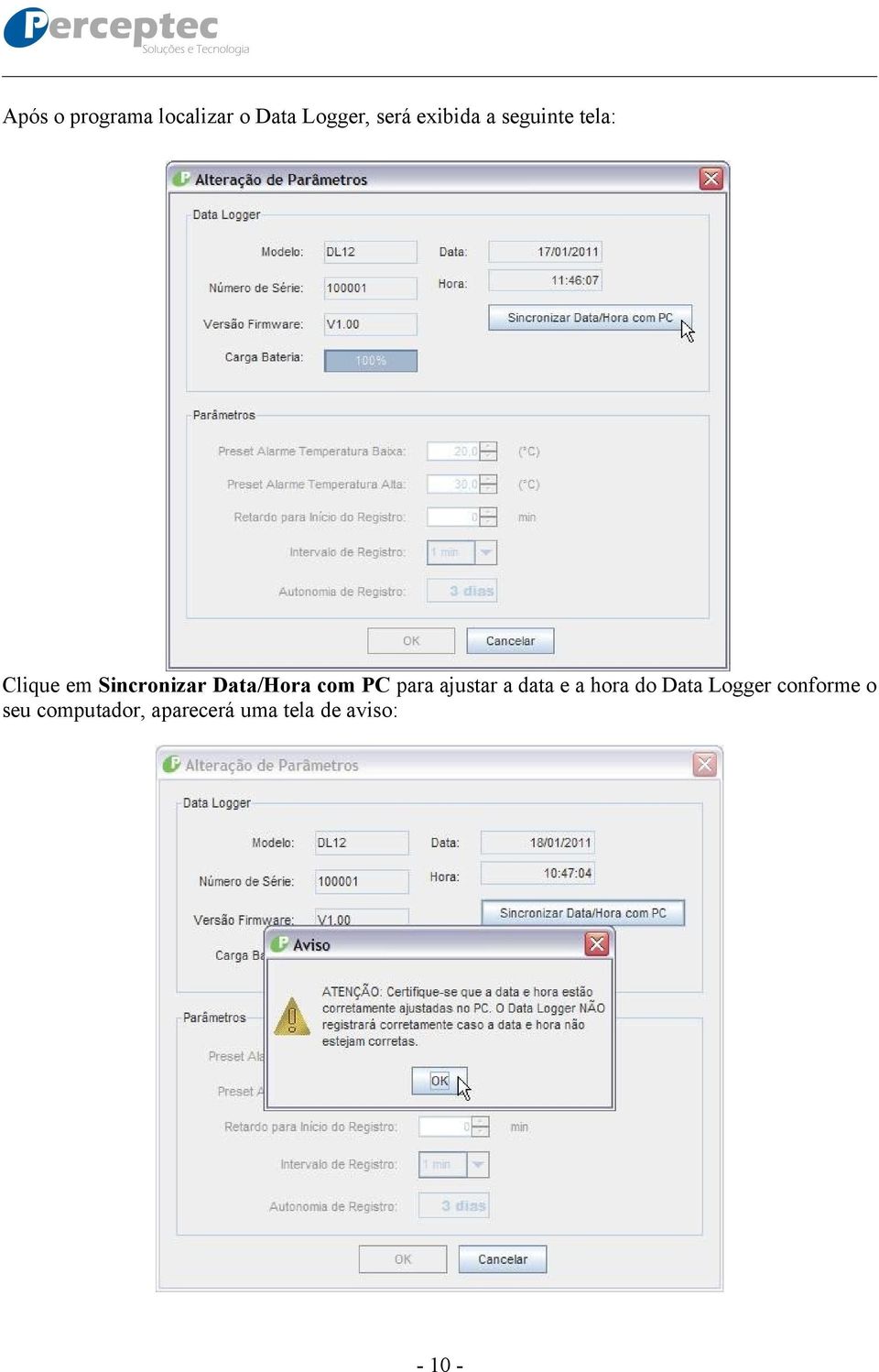 PC para ajustar a data e a hora do Data Logger