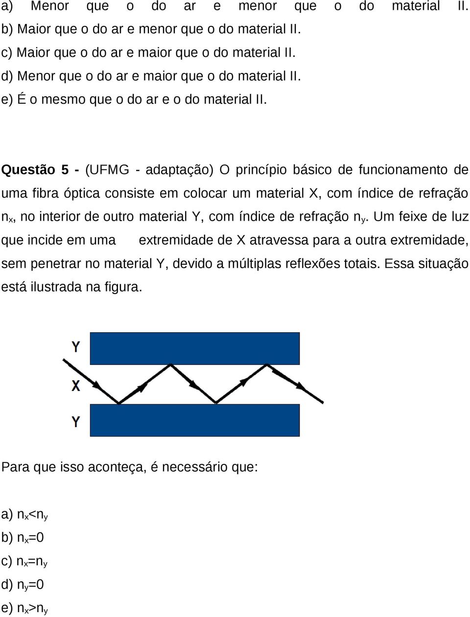 Questão 5 - (UFMG - adaptação) O princípio básico de funcionamento de uma fibra óptica consiste em colocar um material X, com índice de refração n x, no interior de outro material Y, com