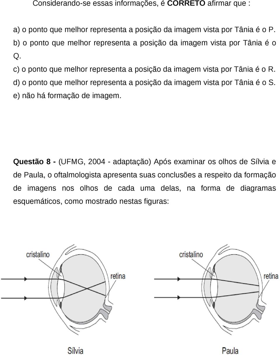 d) o ponto que melhor representa a posição da imagem vista por Tânia é o S. e) não há formação de imagem.