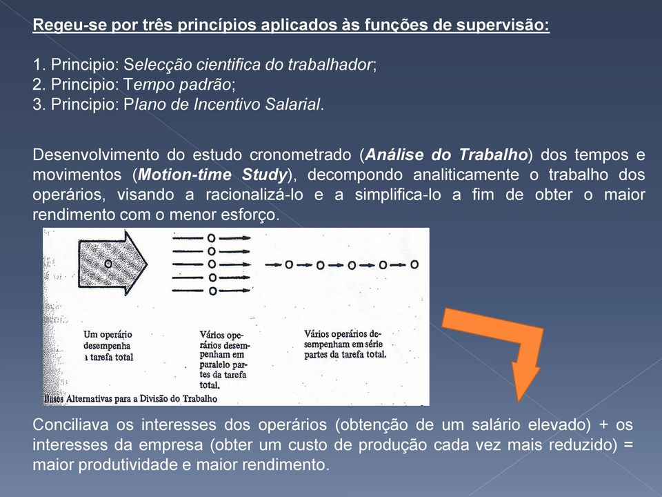 Desenvolvimento do estudo cronometrado (Análise do Trabalho) dos tempos e movimentos (Motion-time Study), decompondo analiticamente o trabalho dos operários,