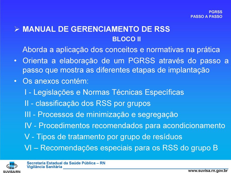 Técnicas Específicas II - classificação dos RSS por grupos III - Processos de minimização e segregação IV - Procedimentos