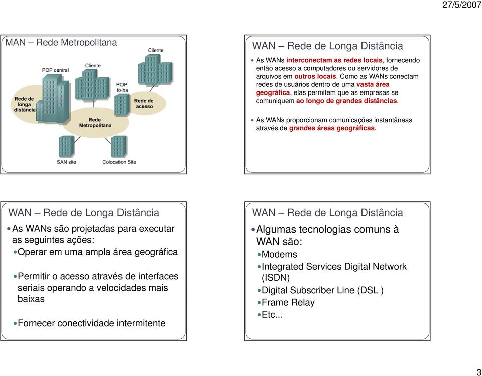 As WANs proporcionam comunicações instantâneas através de grandes áreas geográficas.