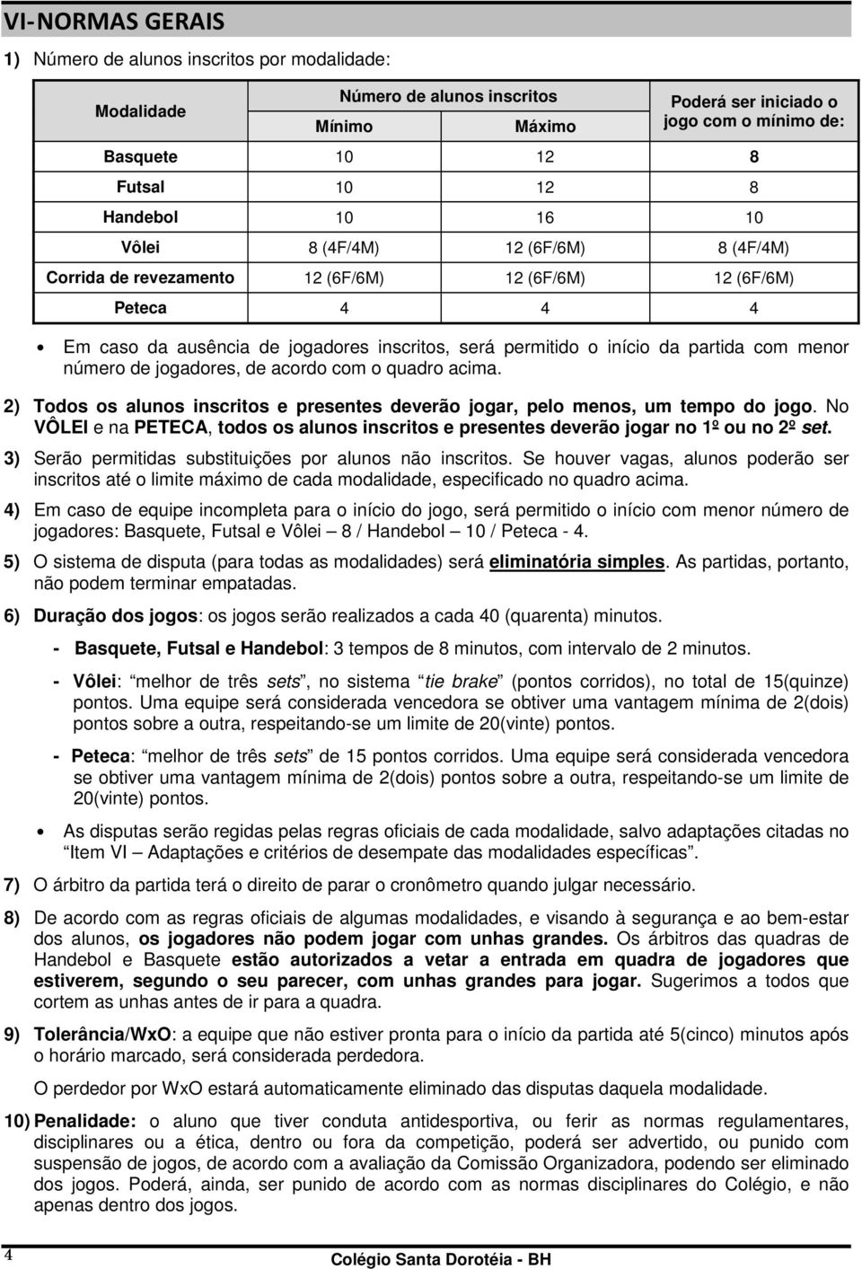 partida com menor número de jogadores, de acordo com o quadro acima. 2) Todos os alunos inscritos e presentes deverão jogar, pelo menos, um tempo do jogo.