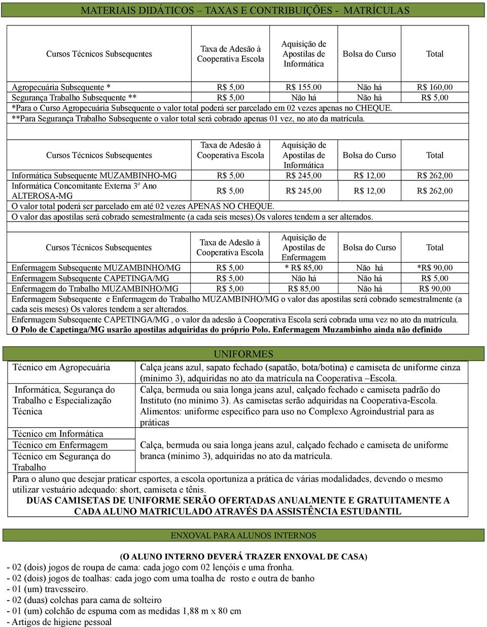 00 Não há R$ 160,00 Segurança Trabalho Subsequente ** R$ 5,00 Não há Não há R$ 5,00 *Para o Curso Agropecuária Subsequente o valor total poderá ser parcelado em 02 vezes apenas no CHEQUE.