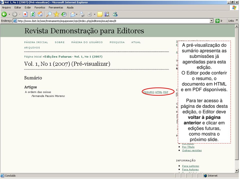 O Editor pode conferir o resumo, o documento em HTML e em PDF disponíveis.