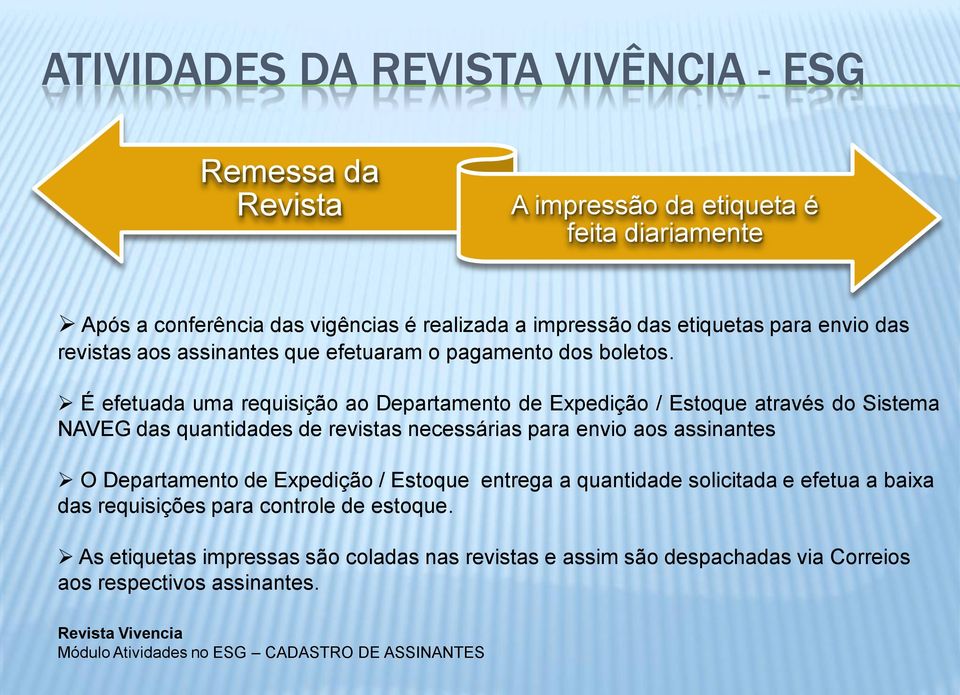 É efetuada uma requisição ao Departamento de Expedição / Estoque através do Sistema NAVEG das quantidades de revistas necessárias para envio aos assinantes O Departamento de