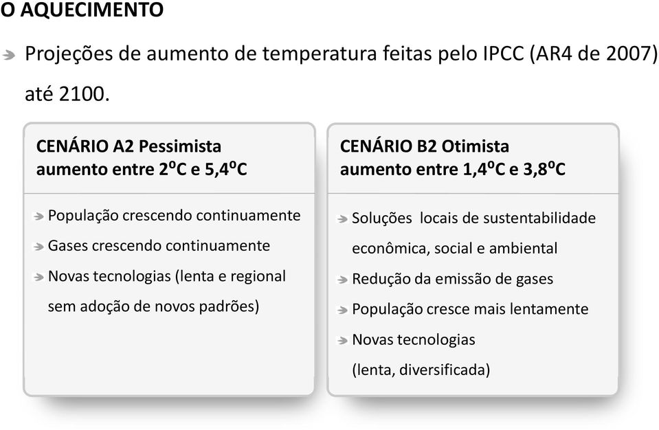 tecnologias (lenta e regional sem adoção de novos padrões) CENÁRIO B2 Otimista aumento entre 1,4⁰C e 3,8⁰C Soluções