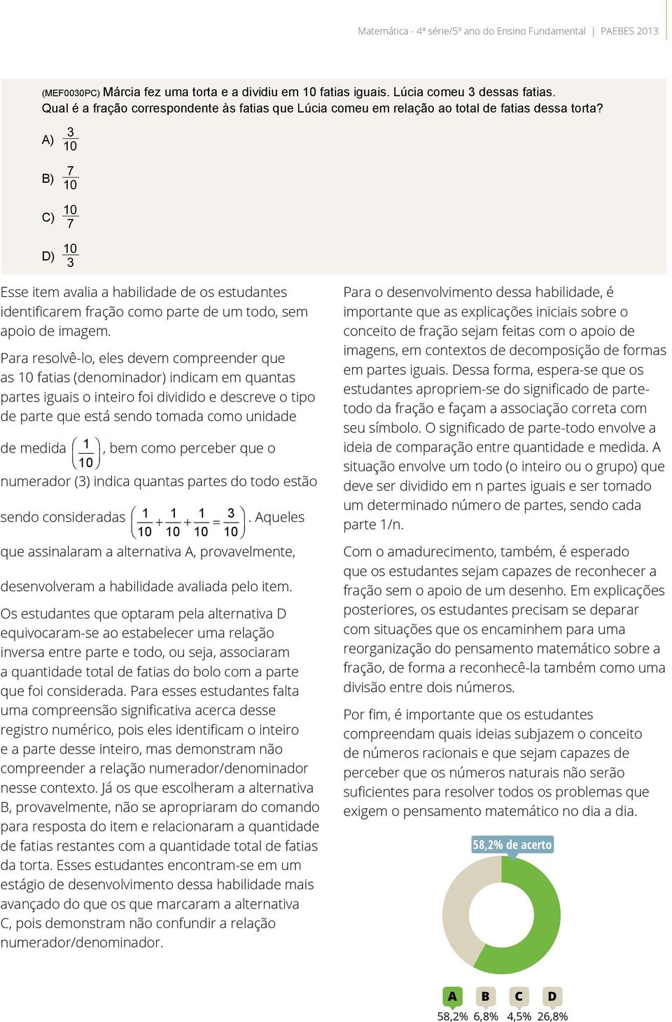 A) B) 3 10 7 10 C) D) 10 7 10 3 Esse item avalia a habilidade de os estudantes identificarem fração como parte de um todo, sem apoio de imagem.