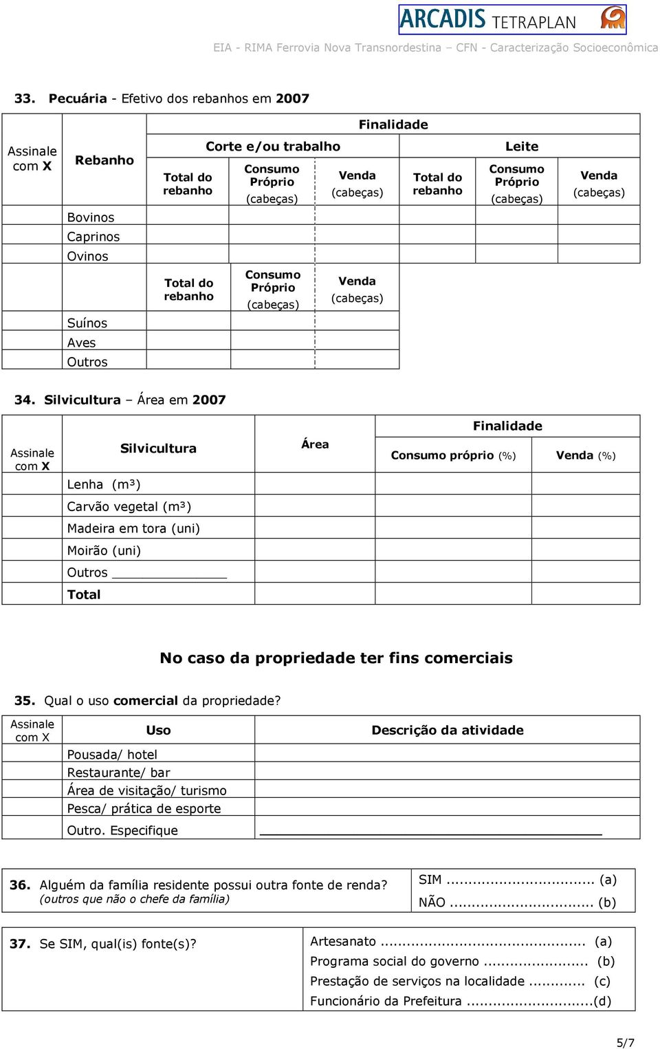 Silvicultura Área em 2007 Finalidade Silvicultura Área Consumo próprio (%) Venda (%) Lenha (m³) Carvão vegetal (m³) Madeira em tora (uni) Moirão (uni) Outros No caso da propriedade ter fins