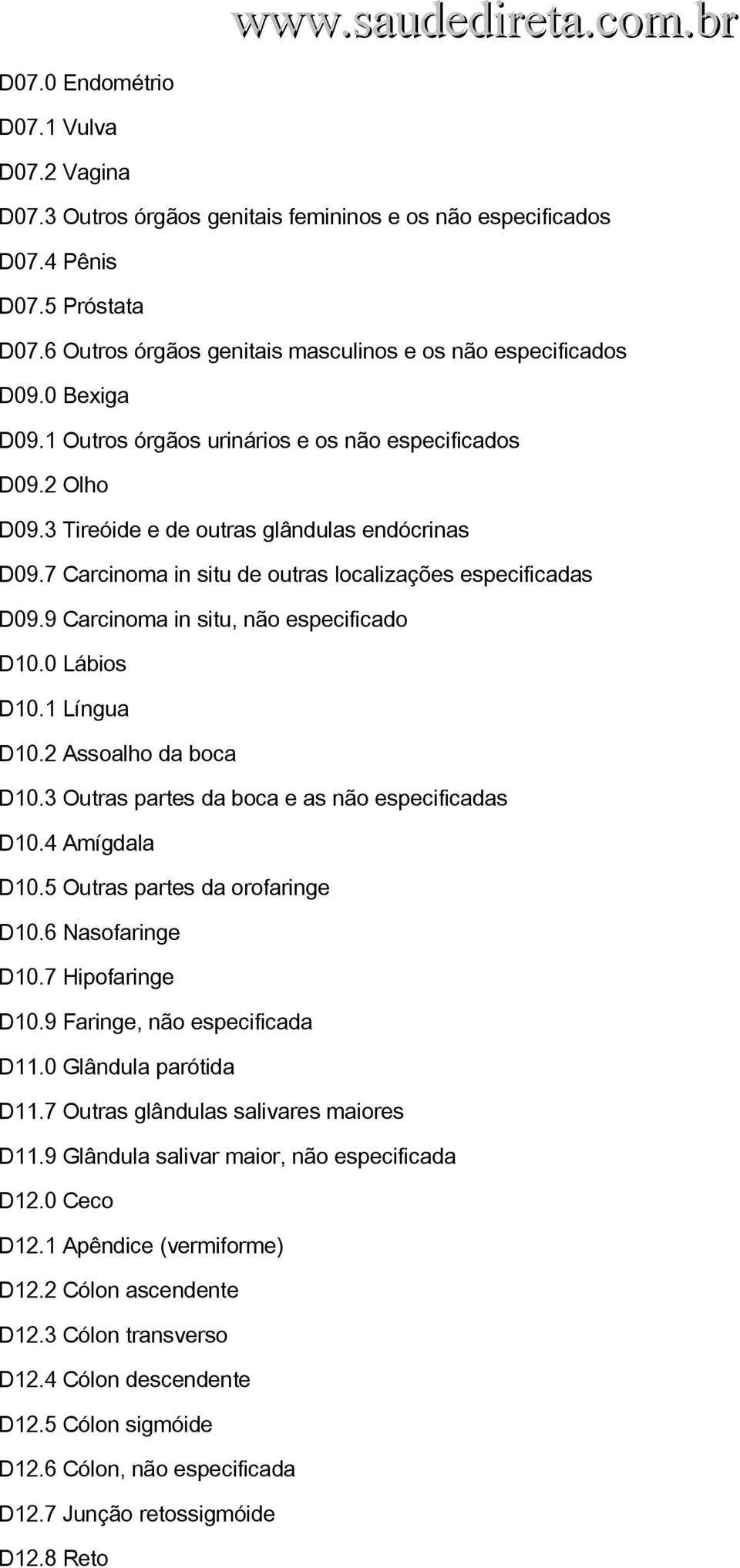 9 Carcinoma in situ, não especificado D10.0 Lábios D10.1 Língua D10.2 Assoalho da boca D10.3 Outras partes da boca e as não especificadas D10.4 Amígdala D10.5 Outras partes da orofaringe D10.