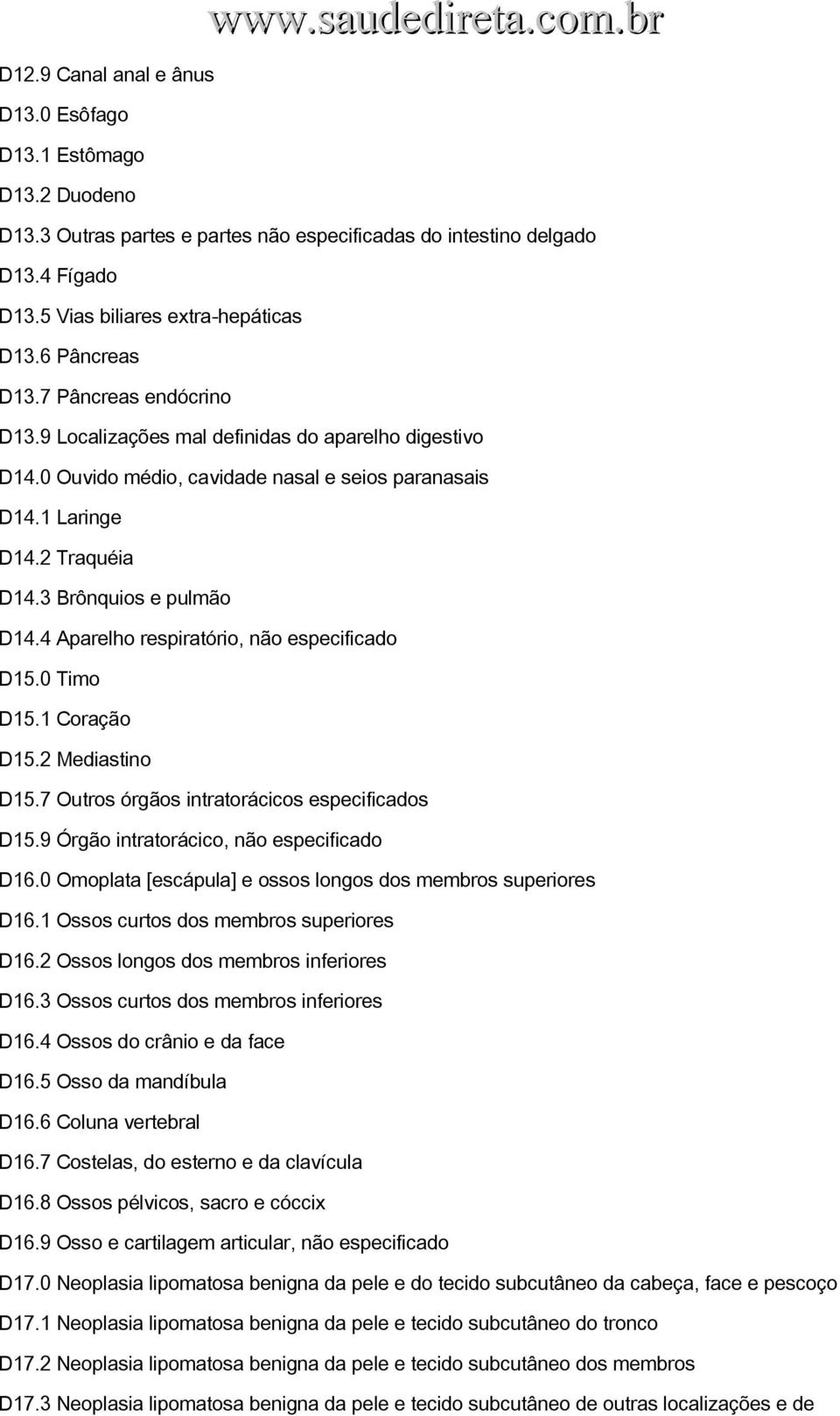 3 Brônquios e pulmão D14.4 Aparelho respiratório, não especificado D15.0 Timo D15.1 Coração D15.2 Mediastino D15.7 Outros órgãos intratorácicos especificados D15.