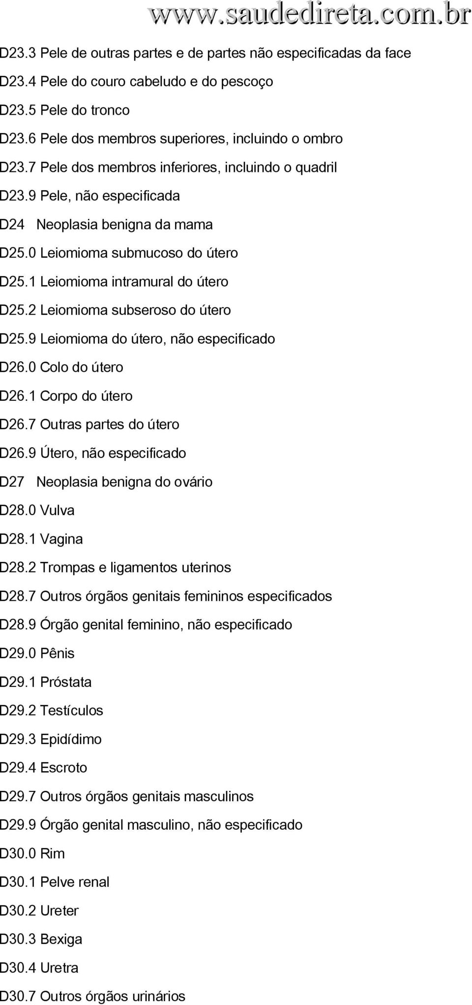 2 Leiomioma subseroso do útero D25.9 Leiomioma do útero, não especificado D26.0 Colo do útero D26.1 Corpo do útero D26.7 Outras partes do útero D26.