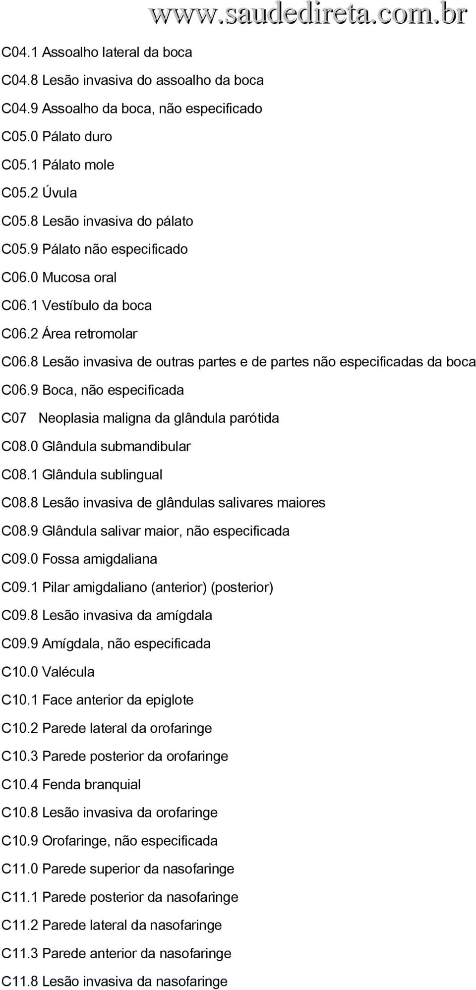 9 Boca, não especificada C07 Neoplasia maligna da glândula parótida C08.0 Glândula submandibular C08.1 Glândula sublingual C08.8 Lesão invasiva de glândulas salivares maiores C08.