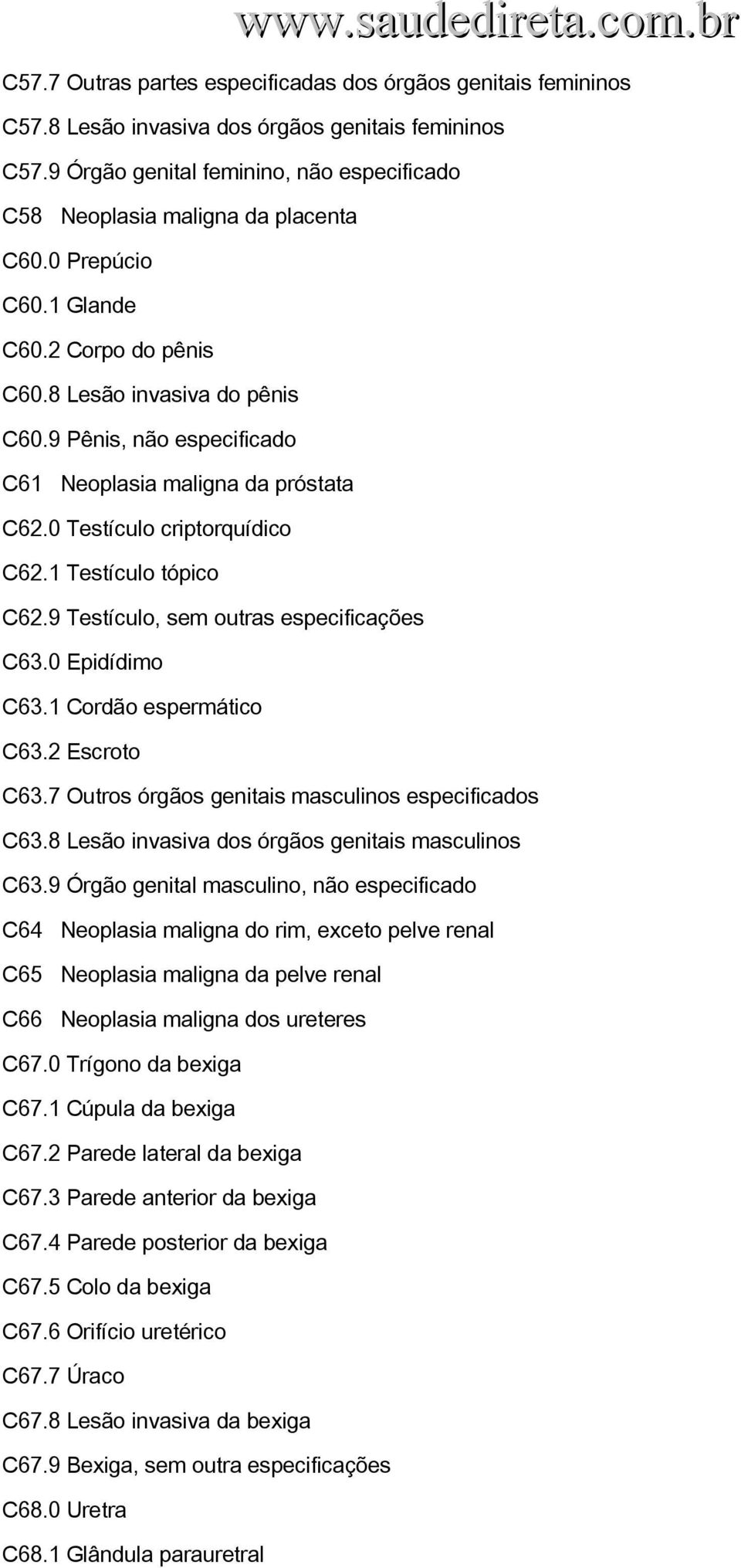 9 Testículo, sem outras especificações C63.0 Epidídimo C63.1 Cordão espermático C63.2 Escroto C63.7 Outros órgãos genitais masculinos especificados C63.