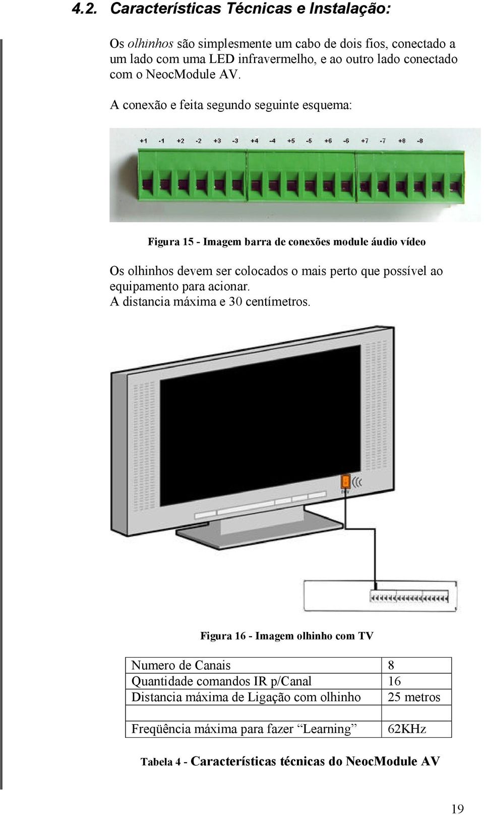 A conexão e feita segundo seguinte esquema: Figura 15 - Imagem barra de conexões module áudio vídeo Os olhinhos devem ser colocados o mais perto que possível ao