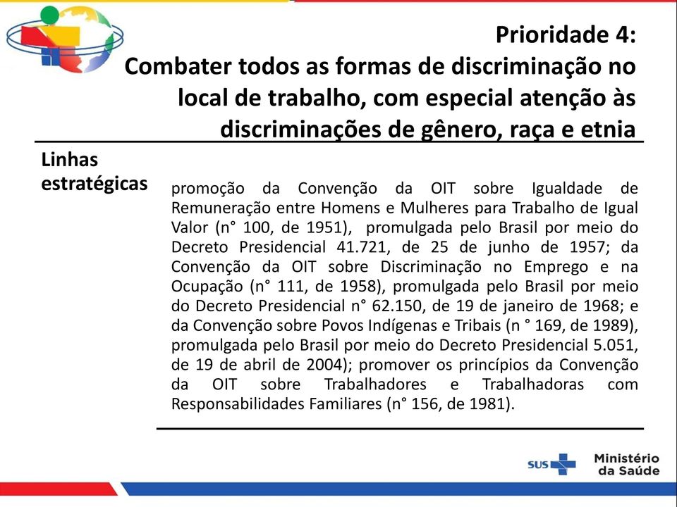 721, de 25 de junho de 1957; da Convenção da OIT sobre Discriminação no Emprego e na Ocupação (n 111, de 1958), promulgada pelo Brasil por meio do Decreto Presidencial n 62.