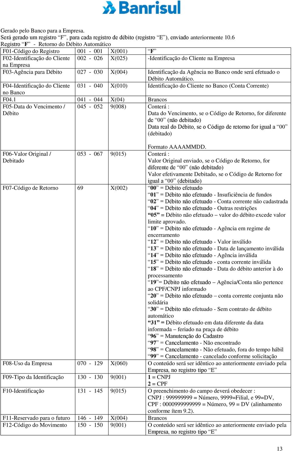 027-030 X(004) Identificação da Agência no Banco onde será efetuado o Débito Automático. F04-Identificação do Cliente no Banco 031-040 X(010) Identificação do Cliente no Banco (Conta Corrente) F04.