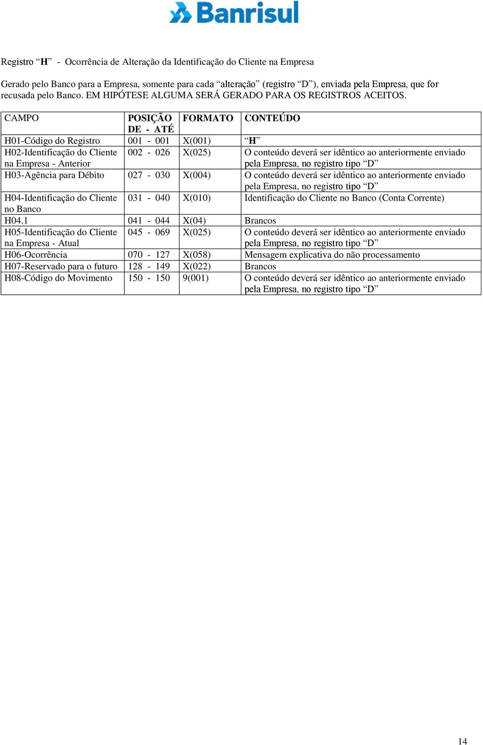 CAMPO POSIÇÃO FORMATO CONTEÚDO DE - ATÉ H01-Código do Registro 001-001 X(001) H H02-Identificação do Cliente na Empresa - Anterior 002-026 X(025) O conteúdo deverá ser idêntico ao anteriormente