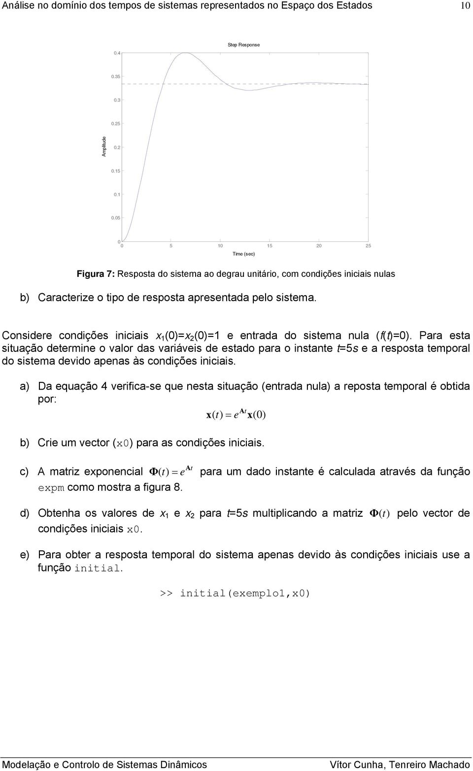 Para esta situação determie o valor das variáveis de estado para o istate t=5s e a resposta temporal do sistema devido apeas às codições iiciais.