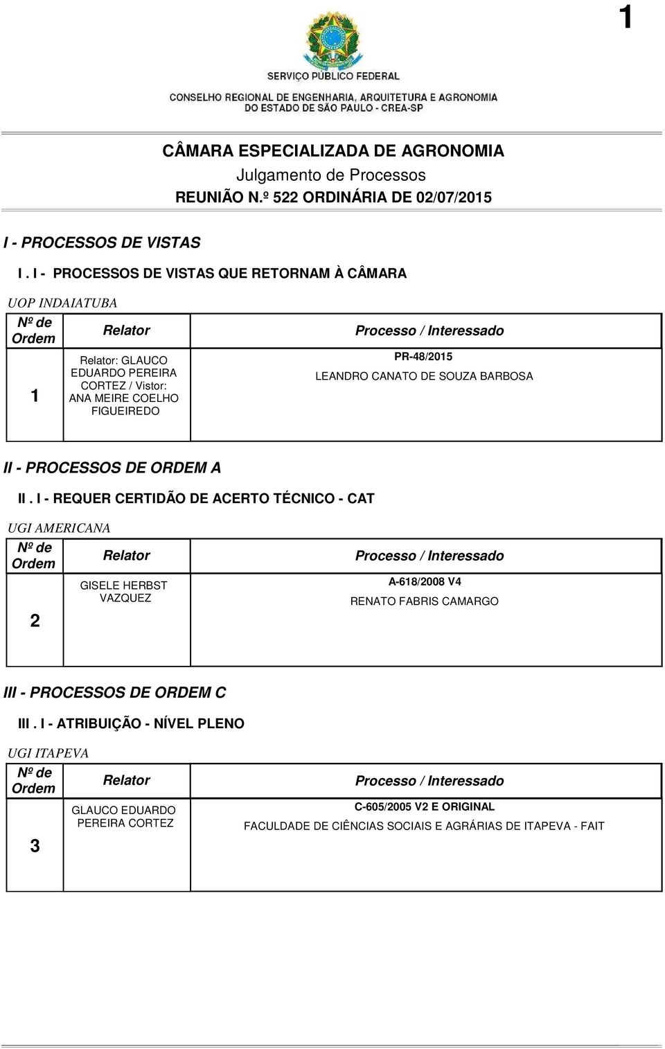 FIGUEIREDO PR-48/2015 LEANDRO CANATO DE SOUZA BARBOSA II - PROCESSOS DE ORDEM A II.