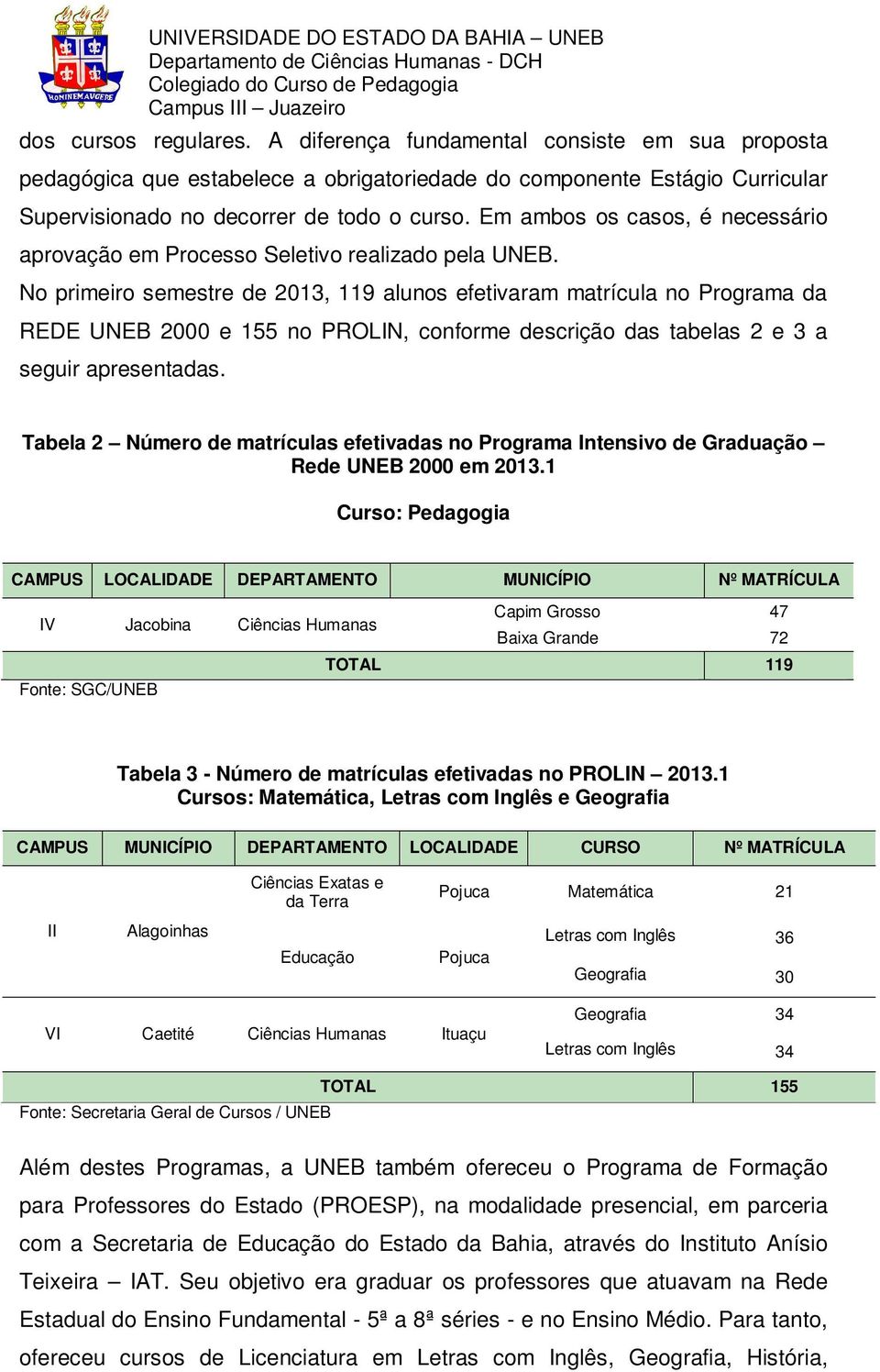 No primeiro semestre de 2013, 119 alunos efetivaram matrícula no Programa da REDE UNEB 2000 e 155 no PROLIN, conforme descrição das tabelas 2 e 3 a seguir apresentadas.