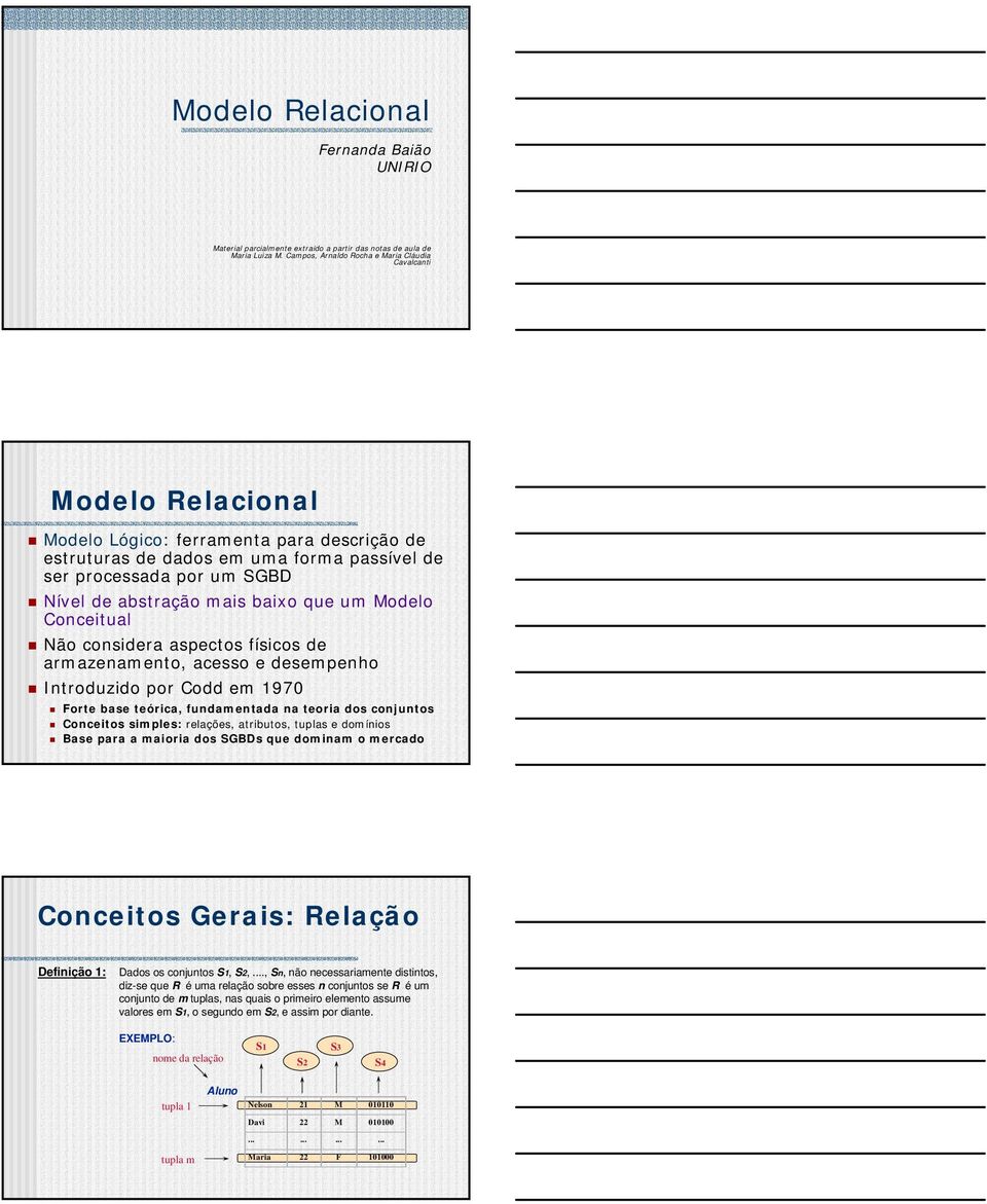 abstração mais baixo que um Modelo Conceitual Não considera aspectos físicos de armazenamento, acesso e desempenho Introduzido por Codd em 1970 Forte base teórica, fundamentada na teoria dos