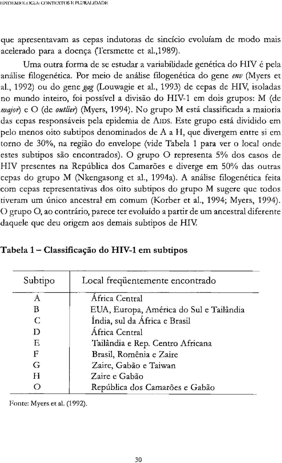 , 1993) de cepas de HIV, isoladas no mundo inteiro, foi possível a divisão do HIV-1 em dois grupos: Μ (de major) e O (de outlier) (Myers, 1994).